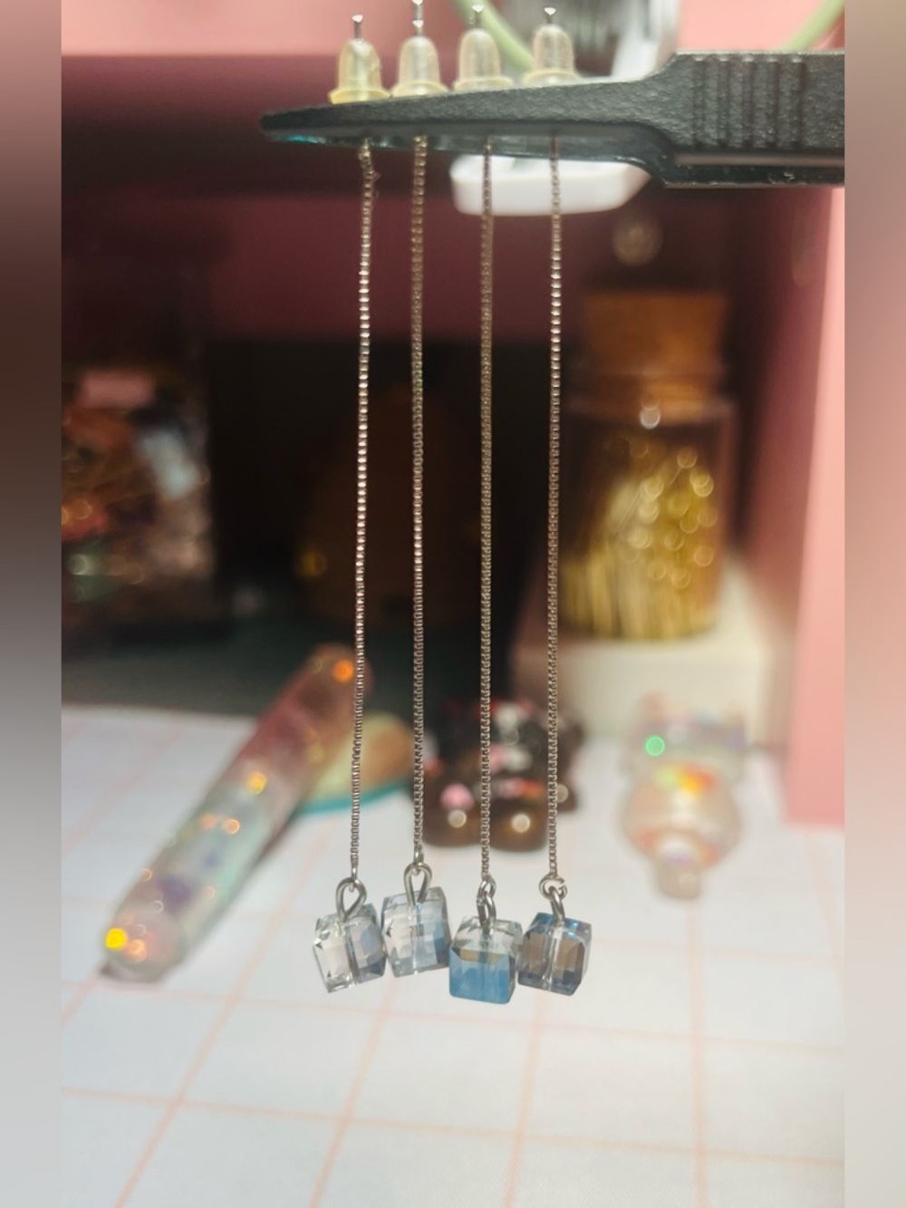 Light Blue Cube Faux Crystal Drop Threader Earrings Set with Necklace